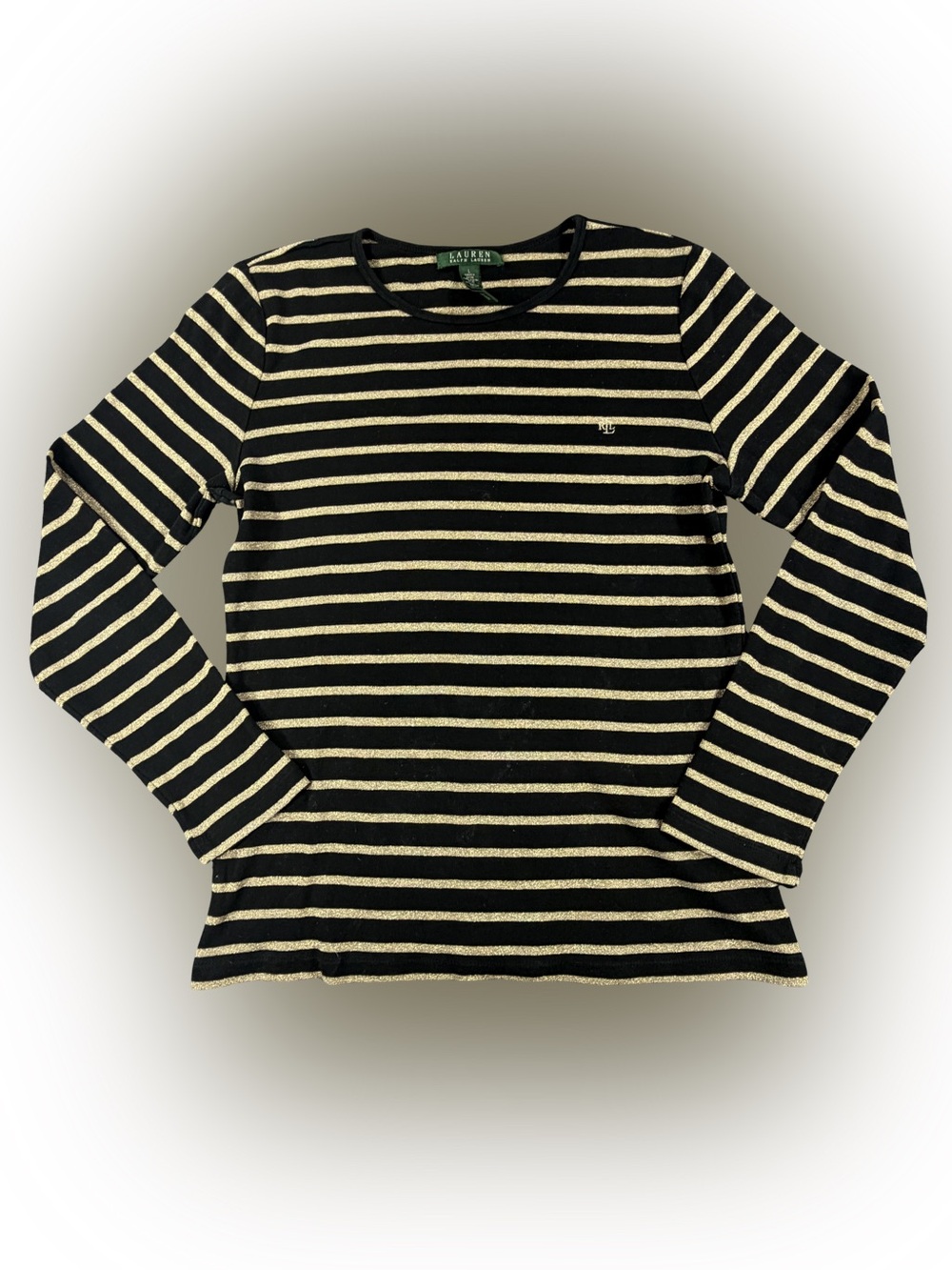 Women’s Ralph Lauren Black & Gold Metallic Striped Long Sleeve Blouse Size L
